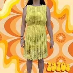 #truevintage 70s crochet bright yellow dress with chiffon lining, ideally fit a size 10 or loose fitted 8. feels like cotton but unsure about material composition. . Bust 42cm (double for full measurement) 95cm from top to bottom . #vintagecrochetdress #crochetdress  #crochet #70s #70dress Vintage Sleeveless Crochet Dress, Fitted Yellow Crochet Dress For Summer, Summer Yellow Fitted Crochet Dress, Vintage Sleeveless Crochet Dress For The Beach, Vintage Sleeveless Crochet Beach Dress, Vintage Fitted Crochet Dress For Spring, Fitted Yellow Crochet Dress For Spring, Yellow Crochet Dress For Spring, Fitted Retro Crochet Dress For Spring