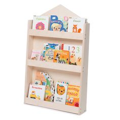 a wooden bookshelf with three shelves filled with children's books and toys