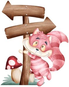 a drawing of a pink cat leaning on a wooden sign with mushrooms in the background