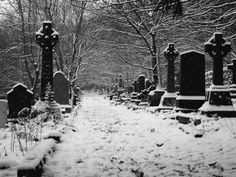 a snowy cemetery with many headstones and trees