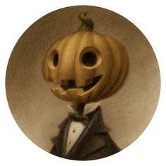 a drawing of a pumpkin wearing a suit and bow tie with a smile on it's face