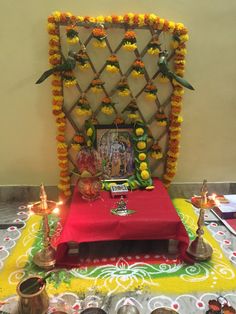 Sundarkand Decoration At Home, Simple Satyanarayana Pooja Decoration Ideas At Home, Satnarayan Pooja Decorations, Sundarkand Decoration, Satyanarayan Pooja Rangoli, Vratham Decoration Satyanarayana, Sathyanarayana Pooja Decoration, Lakshmi Altar, Satya Narayana Pooja Decoration