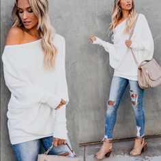 Oversized Fit S 4-6 M 8-20 L 12-14 White Sweater Women, Off White Sweater, White Oversized Sweater, Velour Tops, Dolman Sleeve Sweater, Cold Shoulder Sweater, Off Shoulder Sweater, Ribbed Knit Sweater, White Sweater