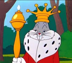 a cartoon cat wearing a crown and holding a golden staff in front of some trees