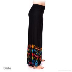 When you are getting ready to dance the night away, reach for your new pair of Tie Dye Trim Palazzo Pants! Made using a soft, stretchy jersey knit material, with an elastic waist band and featuring a hand dyed accent along the hem. These are some seriously funky and fabulous pants. Full Length Rayon Pants For Loungewear, Casual Multicolor Rayon Pants, Casual Full Length Rayon Bottoms, Casual Summer Yoga Pants With 4-way Stretch, Summer Pants With Elastic Waistband And 4-way Stretch, Stretch High Waist Harem Pants With Elastic Waistband, Comfortable Full Length Summer Bottoms, Comfortable Full-length Summer Bottoms, Full-length Rayon Bottoms With Elastic Waistband