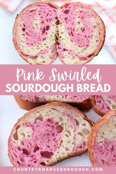 pink swirled sourdough bread is cut in half and placed on top of each other