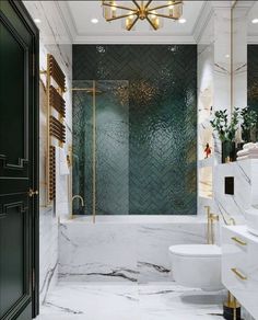 a bathroom with marble floors and walls