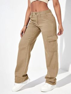 Achieve a sleek and versatile look with our Plain Flap Pocket Cargo Jeans. These jeans feature flap pockets on the sides, adding a touch of functionality and style to the design. The plain color enhances their versatility, making them easy to pair with various tops. Elevate your denim collection with our Plain Flap Pocket Cargo Jeans and enjoy a classic and fashionable choice for any occasion. Details: Pattern Type: Plain Type: Straight Leg Jeans Style: Cargo Pants Waistline: High Waist Length: Mid-rise Beige Cargo Jeans With Side Pockets, Beige Cargo Jeans With Side Pockets, Trendy Brown Cargo Pants With Side Pockets, Trendy Khaki Cargo Jeans With Side Pockets, Fall Beige Cargo Jeans With Side Pockets, Brown Mid-rise Utility Cargo Jeans, Brown Utility Mid-rise Cargo Jeans, Brown Urban Cargo Jeans With Pockets, Trendy Brown Cargo Pants With Multiple Pockets