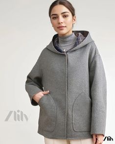 Zlily - Wool Blend Hooded Coat with Double-sided Design Hooded Coat, Types Of Collars, Wool Blend, Types Of Sleeves, Double Sided, Solid Color, Sleeve Length, Wool, Grey