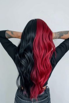 Hair Colour Ideas Split Dye, Black And Red Money Piece Hair, Color Dyed Hair Ideas For Brunettes, Spooky Season Hair, Brown And Red Hair Peekaboo, Red Edgy Outfit, Black Blonde And Red Hair, Red On Top Black On Bottom Hair, Dark Roots Red Hair