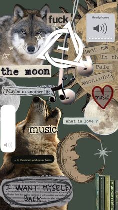 a collage of images with wolfs, moon, and music notes on them