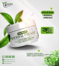 an advertisement for a cosmetic product with green leaves on the side and white jar in front