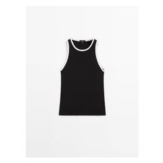 Contrast ribbed top Classic Sleeveless Ribbed Top, Black Ribbed Cotton Top, Chic Cotton Tank Top With Ribbed Neckline, Chic Ribbed Tank Top, Trendy Crew Neck Top With Ribbing, Chic Ribbed Fitted Top, Sporty Ribbed Tank Top, Sporty Ribbed Tops For Spring, Trendy Ribbed Tops For Spring