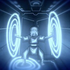 an animated character standing in a tunnel with neon lights on it's face and arms