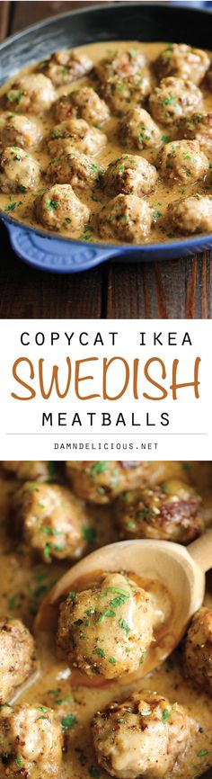 some meatballs that are in a pan and on a wooden spoon with the words, copycat ikea swedish meatballs