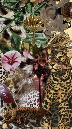 a collage of different types of animals and flowers in the background, including a tiger