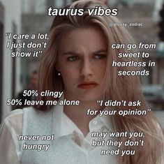 a woman with long blonde hair standing in front of a sign that says taurus vibes