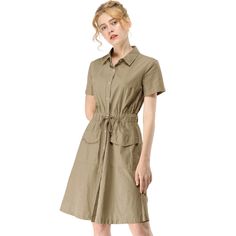 The casual, elegant look of this pretty dress will keep you looking great all the time. The short-sleeve shirt dress is cut with a relaxed silhouette and features a drawstring to cinch in the waist and plenty of practical pockets. Pair it with ankle boots or heels for a chic silhouette. Perfect for spring, summer, and autumn, and it is also suitable for any occasion. Button Up Shirt Dress, Safari Dress, Drawstring Waist Shorts, Cargo Shirts, Short Sleeve Dress Shirt, Dark Khaki, Young Fashion, Dress Cotton, Mini Shirt Dress