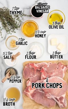 ingredients to make pork chops laid out on a cutting board with text overlay