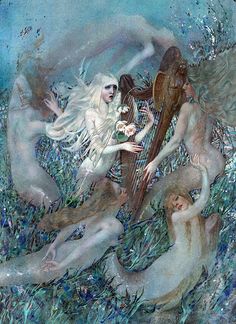 two mermaids are playing with a harp in the water, and one is holding a flower