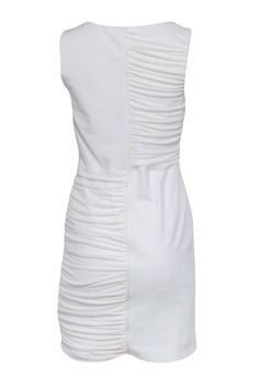 Walk down the aisle in bridal bliss with this ivory stunner from BCBG Max Azria! With a classy sleeveless design and perfect ruched detailing, you'll be looking - and feeling - like a goddess. Style with something blue for a happily ever after. Heads will turn! Size M Shell 83% Polyester, 12% Nylon, 5% Spandex Contrast 1 74% Polyester, 21% Rayon, 5% Spandex Contrast 2 100% Silk Lining 92% Polyester, 8% Spandex Pullover Sleeveless Ruched panels Bust 34" Waist 31" Shoulder to hem 35" Elegant White Sleeveless Dress With Pleated Bodice, Elegant Sleeveless Dress With Ruched Back, Fitted Ruched Sleeveless Dress For Formal Occasions, White Fitted Sleeveless Formal Dress, White Sleeveless Dress With Ruched Back, Fitted White Dress With Folds, Fitted White Dresses With Folds, Sleeveless Dress With Fitted Bodice And Folds, Elegant White Dress With Ruched Back