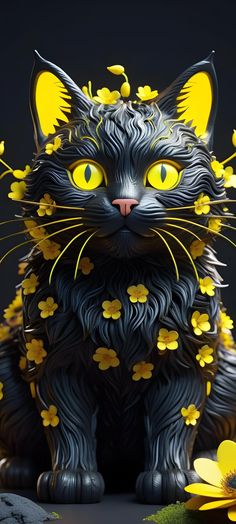 a black cat with yellow eyes and flowers on its head, sitting in front of a dark background