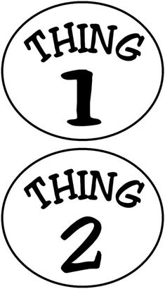 two black and white tags with the words thing 1, thing 2