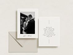 a wedding card with an envelope and photo on the front, featuring a handwritten thank you note