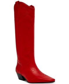 Steve Madden Women's Dollie Tall Western Boots - Macy's Red Leather Boots For Spring, Red Wide Calf Pointed Toe Boots, Red Pointed Toe Faux Leather Boots, Pointed Toe Red Faux Leather Boots, Red Leather Wide Calf Boots, Red Calf Leather Boots For Fall, Red Wide Calf Leather Boots, Red Faux Leather Casual Boots, Chic Red Faux Leather Boots