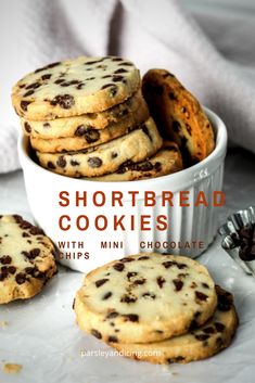 chocolate chip shortbread cookies with mini chocolate chips in a white bowl on a table