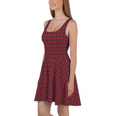 Dress to impress with this sleeveless skater dress! The soft fabric and flared skirt give it an elegant twist that brings out the intricate design with a beautiful vibrancy.  * 82% polyester, 18% spandex * Fabric weight: 6.61 oz/yd² (224 g/m²) * Smooth and elastic fabric * Mid-thigh length flared skirt * Elastic waistline * Overlock seams, coverstitch hemline * Blank product components sourced from China Plaid Skater Dress, Tartan Design, Elastic Fabric, Flared Skirt, 50's Dress, Dress Clothes For Women, Buffalo Plaid, Fit Flare Dress, Skater Dress