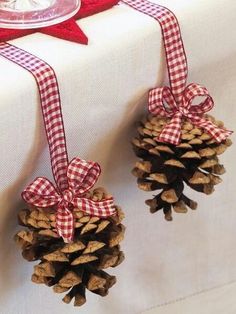 two pine cones tied to a white table cloth with red and white checkered ribbon