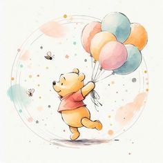 a watercolor drawing of a winnie the pooh holding balloons