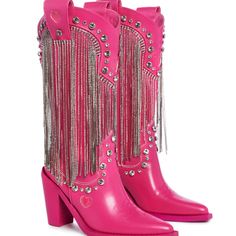 Present Perfect Cowboy Boots - Pink Cuz Bless Your Heart. These Cowboy Boots Have A Denim Construction, Rhinestone Fringe Detailing, Decorative Heart Shaped Stitching, Jewel Studs, And Side Zipper Closures. Details Pink Man Made Materials 4" Heel Rhinestone Boots With Round Toe For Rodeo, Western Spring Boots With Rhinestone Rivets, Western Boots With Rhinestone Rivets For Spring, Spring Western Boots With Rhinestone Rivets, Western Style Boots With Rhinestone Rivets For Spring, Western Boots With Rhinestone Fringe And Round Toe, Trendy Embellished Leather Boots, Glam Ideas, Pink Man