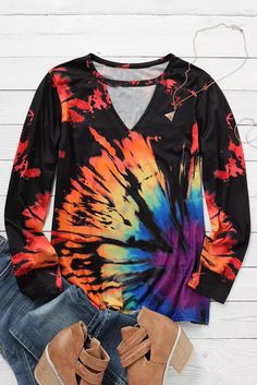 Rainbow Color Tie Dye Cut-out Long Sleeve Blouse Multicolor Print V-neck Top For Fall, Colorful Casual Fall Blouse, Casual Colorful Fall Blouse, Casual Fall Blouse In Bright Colors, Multicolor Print Tops For Fall, Fall Multicolor Print V-neck Blouse, Loungewear Dresses, Tops Long Sleeve, Rainbow Color