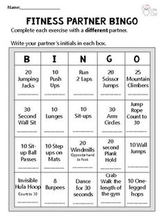 a printable fitness partner bingo game with instructions for each player and their numbers on it