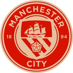 the manchester city logo is shown in red and beige, with a ship on it's side