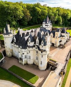 an aerial view of a castle in the middle of a park with lots of trees