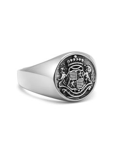 Ring in Stainless Steel Product Code: MRING_142 Designer's Notes The crest ring is a traditional ring design that is a must for every gentleman. The beautifully hand-crafted crest in our ring features a lion and a deer. The lion is a common charge in heraldry. It traditionally symbolizes courage, nobility, royalty, strength. The deer symbolizes the one who will not fight unless provoked; peace and harmony; strength and fortitude. Please note that all our pieces are crafted by hand and one-of-a-k April Birthstone Jewelry, March Birthstone Jewelry, Stainless Steel Polish, Silver Signet Ring, Semi Precious Beads, Forever Jewelry, Men's Jewelry Rings, Fine Jewelry Gift, Gifts For New Mums