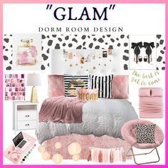 Girl Dorm Room Decor, Pink Dorm Room, Trendy Dorm Room Decor Black White Pink And Gold Bedroom, Pink Grey Black Bedroom, Glam Dorm Room, Black White And Pink Bedroom, Pink And Gold Dorm Room, Glam Decor On A Budget, Pink And Gold Room, Room Rendering, Pink Dorm Room Decor