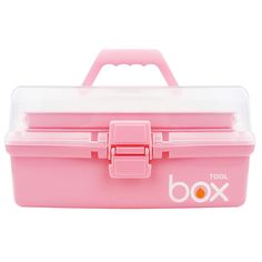 a pink tool box sitting on top of a white surface