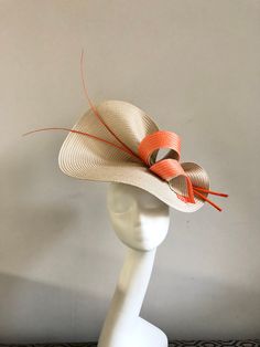 "Large Beige Hat with Orange Swirls and Orange quills, perfect for Royal Ascot, Kentucky Derby, Weddings or any special occasion. A 5mm satin covered headband is attached and a comb to secure the hat in place.  Please choose your preference and colour in the \"Finish\" options. I handmake all my hats so each piece is unique and a one off.  I am an Irish Designer living just outside London.  1-4 days to prepare hat to your requirements. FREE shipping to UK MAINLAND for a limited time only.   Please feel free to ask any questions or if you have a special requirement, I am happy to assist." Orange Parfait, Hot Pink Hat, Royal Ascot Races, Ascot Races, Large Hat, Beige Hat, Ascot Hats, Designer Living, Large Hats