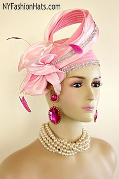 Women's Designer Soft Pink Formal Satin Ribbon Special Occasion Wedding Cloche Pillbox Cocktail Hat Wedding Fascinator Bridal Headpiece. This Couture Pink Satin Ribbon Church Hat Is Embellished With A Pink Satin Ribbon Sculptured Shaped Adorned With Pink Satin Slightly Ruffled Fabric Encrusted With Two Rows Of Acrylic Rhinestones. Placed Along The Bottom Of This Sculptured Shape Is A Handmade Satin Large Bow Accented With Hot Pink Delicate Feathers. Acrylic Diamond Colored Rhinestones Encircles Special Occasion Hats, Mother Of The Bride Hats, Wedding Mother Of The Bride, Royal Ascot Hats, Couture Hats, Ribbon Sculpture, Hat Wedding, Bride Hat, Wedding Hat