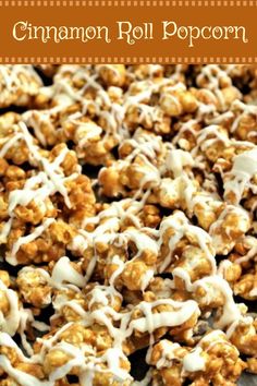 cinnamon roll popcorn is drizzled with white icing