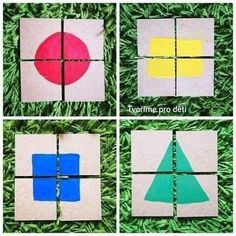 four squares with different colored shapes on them