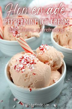 homemade peppermint ice cream in small white bowls with candy canes on top