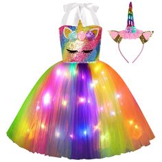 PRICES MAY VARY. 【Perfect unicorn party decorations】Girls unicorn dress with fancy sequin top and light up tutu bottom, a great unicorn costume for party that no girls should miss! The colorful LED lights is battery operated, it goes around the whole unicorn tutu with about 60pcs lights, glowing at night very well. 【Girls dress up clothes】Trust this rainbow unicorn birthday dress also a lovely dress up clothes for little girls. It come with unicorn headband, girls can wear it to be a pretend uni Unicorn Tutu Dress, Unicorn Dresses, Girl Unicorn Costume, Princess Costumes For Girls, Halloween Tutu Dress, Halloween Birthday Party Decorations, Light Up Dresses, Princess Tutu Dress, Halloween Tutu