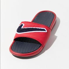 Nike Benassi Jdi Chenille Red Slides Mens Size 8 Uk Size 7 New With Tags Out Of Stock Everywhere Comfortable Red Sneakers For Spring, Sporty Slides With Red Sole And Round Toe, Red Cushioned Slides For Streetwear, Comfortable Red Sneakers, Comfortable Red Flat Sneakers, Comfortable Flat Red Sneakers, Red Slides With Rubber Sole And Round Toe, Red Casual Sneakers With Cushioned Footbed, Casual Red Sneakers With Cushioned Footbed