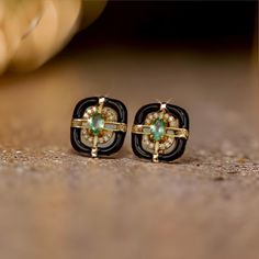 Measurement : 0.55" top to bottom x 0.47" at the widest  emerald measurement: 5mmx3mm Materials: 18k gold vermeil with pure 92.5 Sterling Silver , natural emerald, natural zircon, Black Enamel Total Weight: 2.47g feel free to message us for more information. Each natural emerald is unique, so no two are exactly alike.   To ensure the best match, we handpick and carefully compare each stone, pairing the two with the closest color match to create a pair of earrings.   We work hard to minimize any color differences, so you get a beautifully balanced set. Deco Earrings, Gold Stud Earrings, Women Art, Art Deco Earrings, Stud Earrings For Women, Emerald Earrings, Enamel Earrings, Gold Stud, Green Gemstones