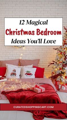 a bedroom decorated for christmas with presents on the bed and a tree in the corner